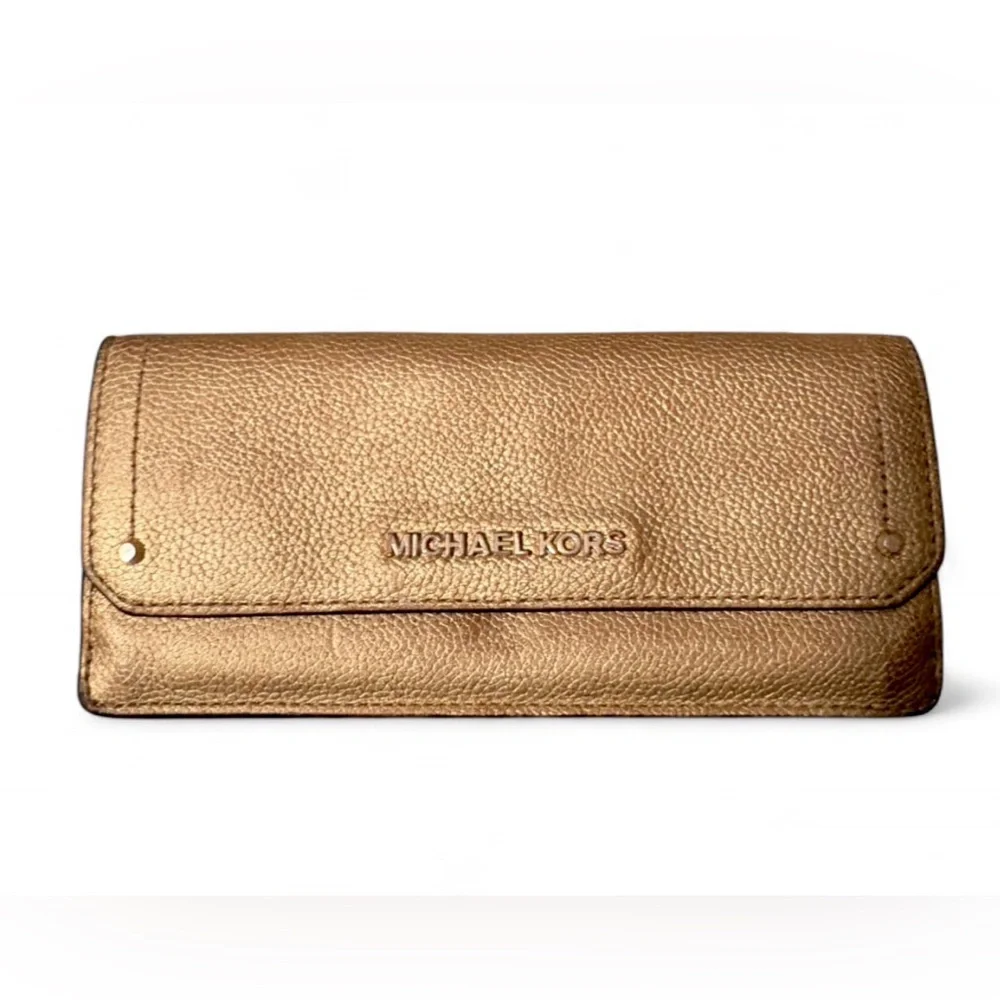 Michael Kors Gold Metallic‎ Leather Wallet Clutch Flap Snap Long Wallet